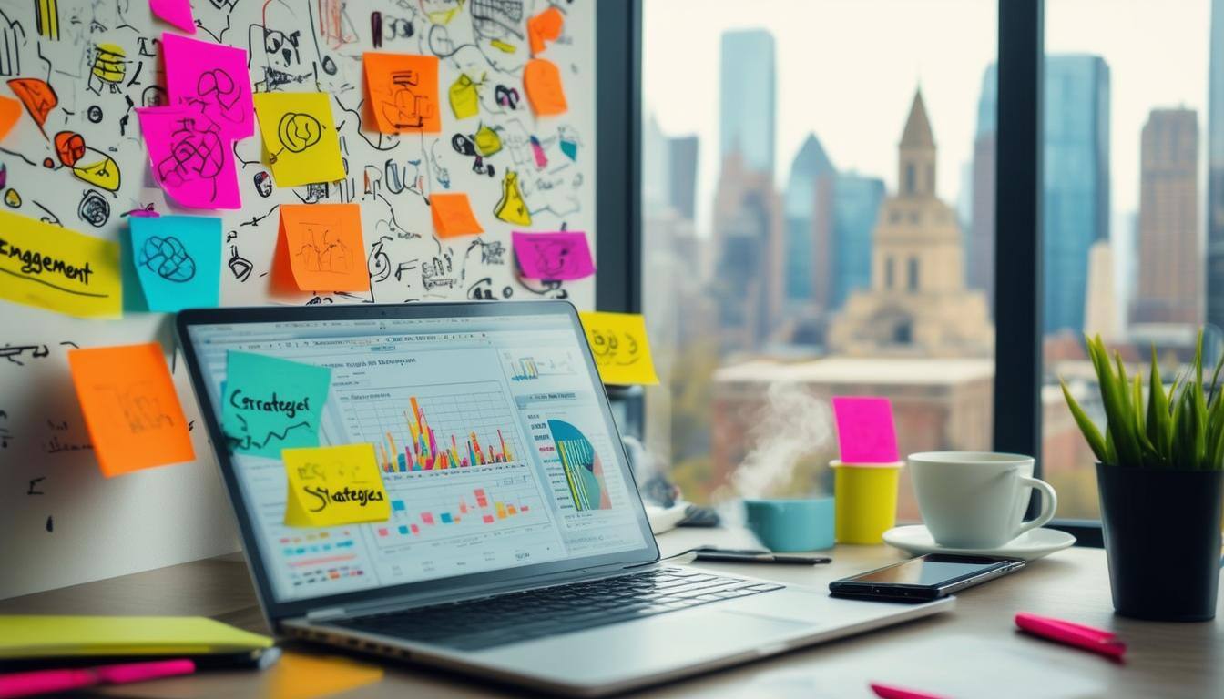 The image depicts a sleek, modern workspace filled with vibrant colors and technology-1