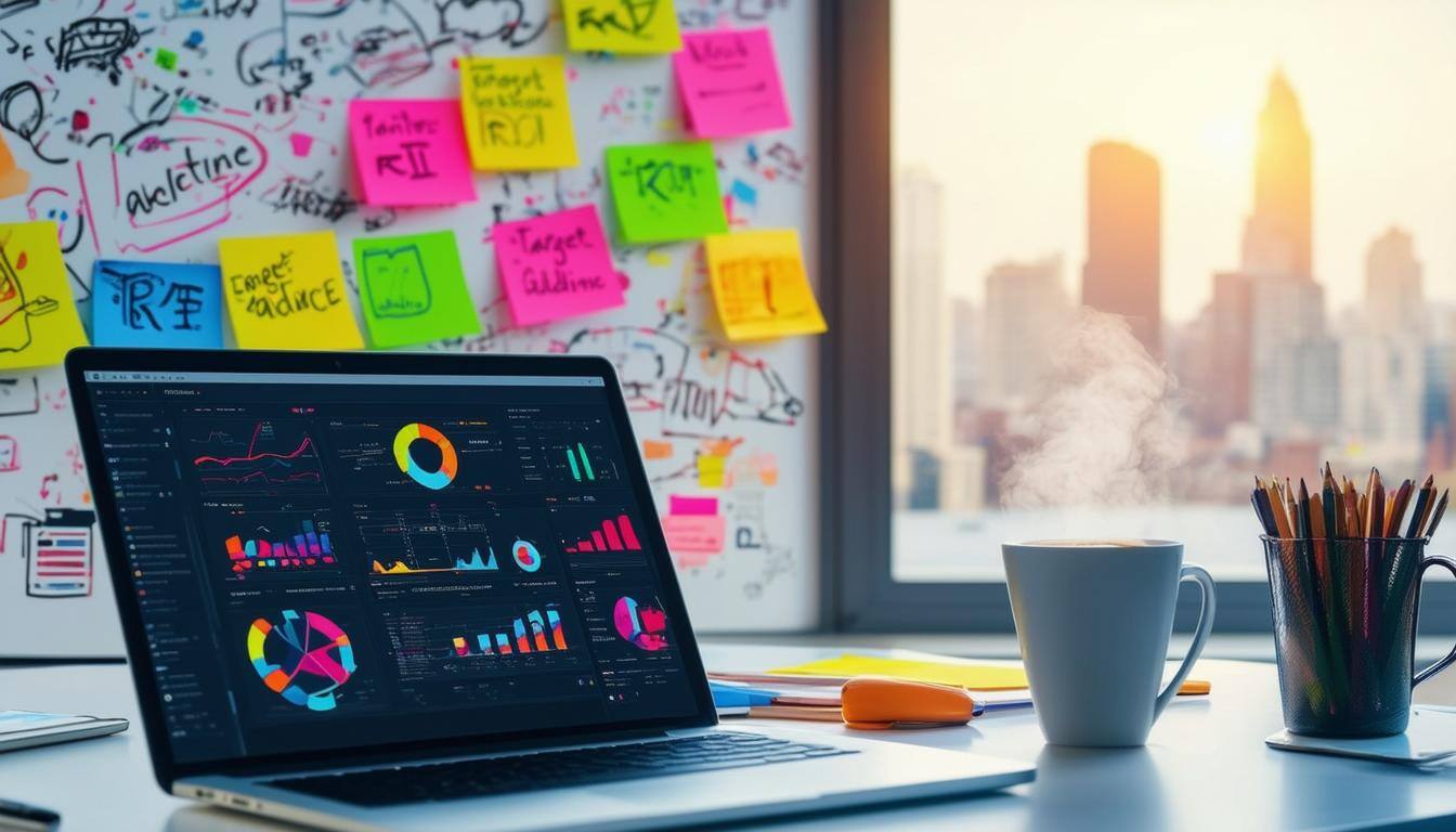 The image depicts a sleek, modern workspace filled with vibrant colors and technology