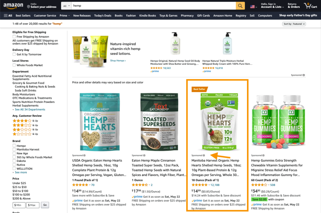 Screen capture of Amazon Sponsored Products ad for Hemp treats