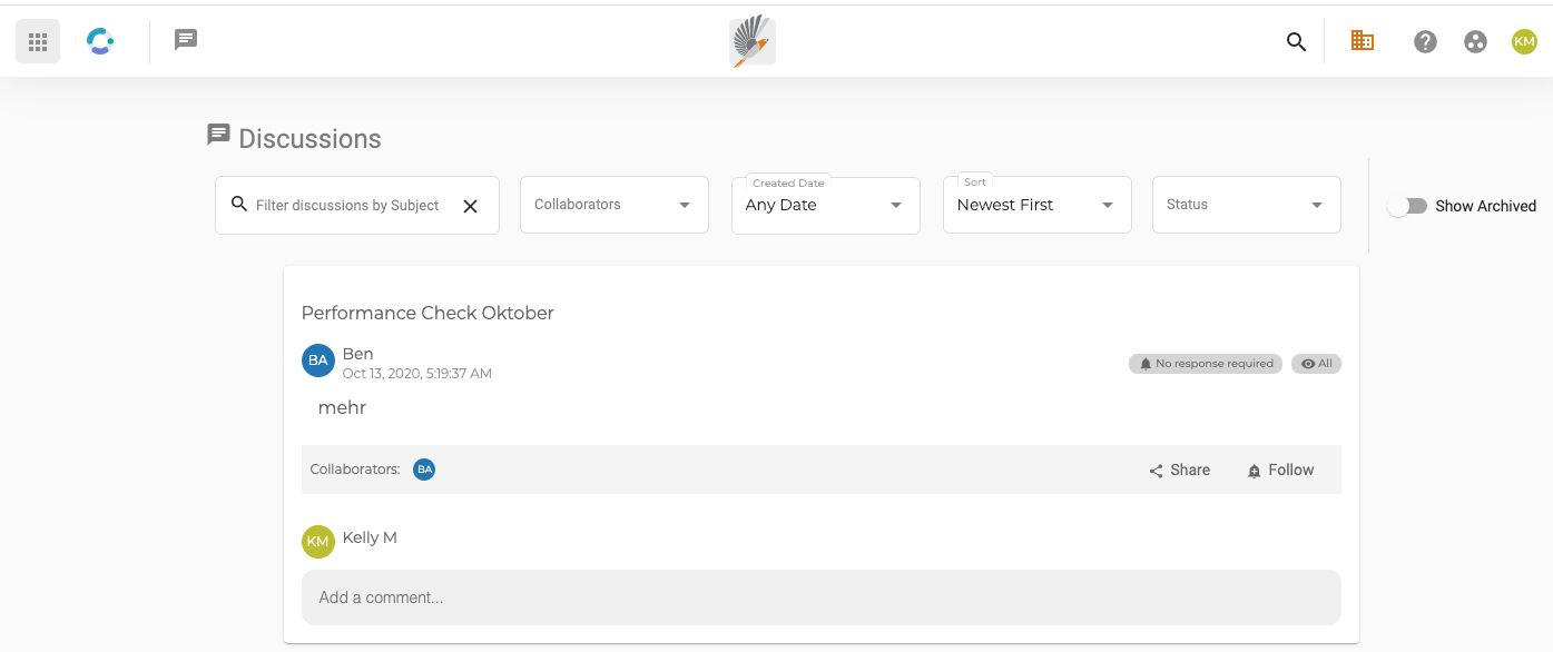 Screen capture of discussions in Finch digital marketing workflow software