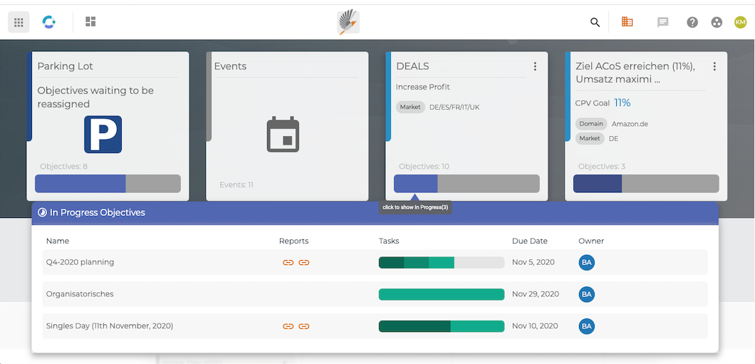 Screen capture of objectives in Finch digital marketing workflow software