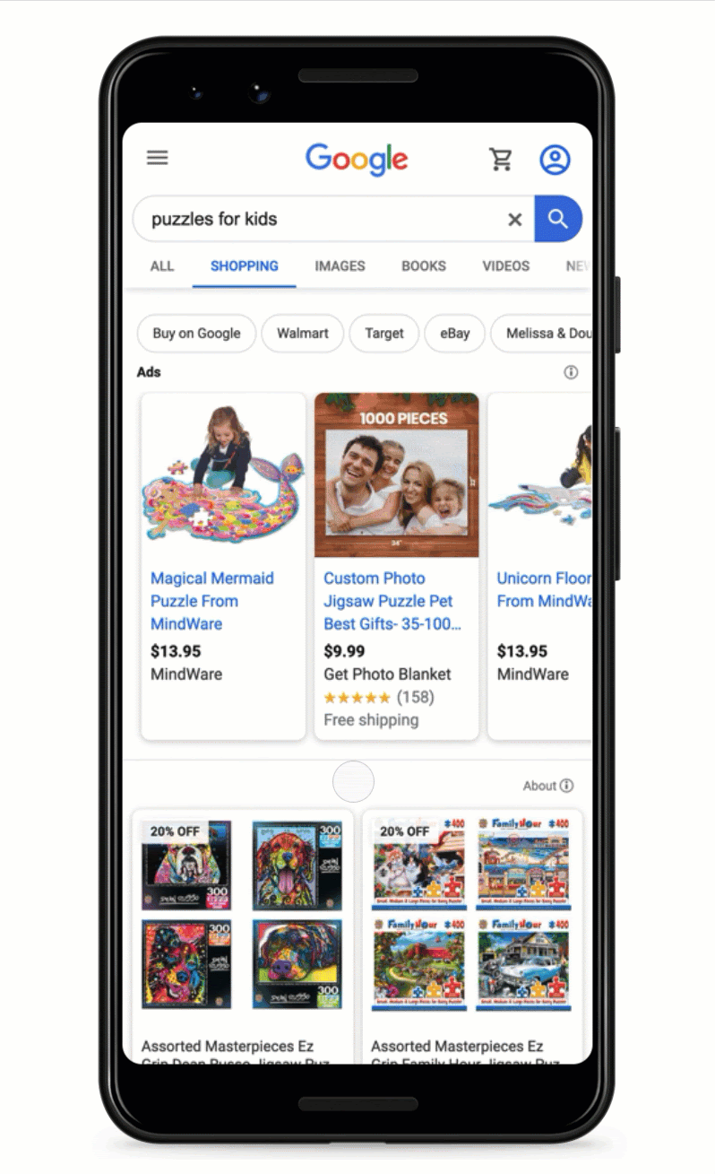 Interactive image of Google Shopping ads on a smartphone